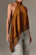 Lace Trim Asymmetric Hem Halter Top