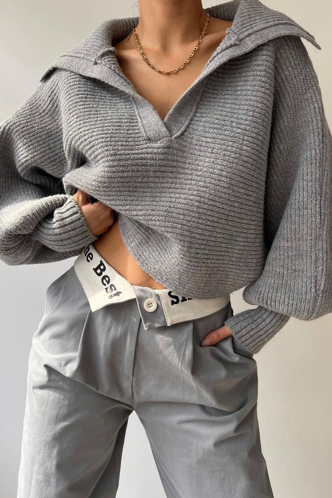 Lantern Sleeve Open Collar Knit Sweater Grey / S Main image