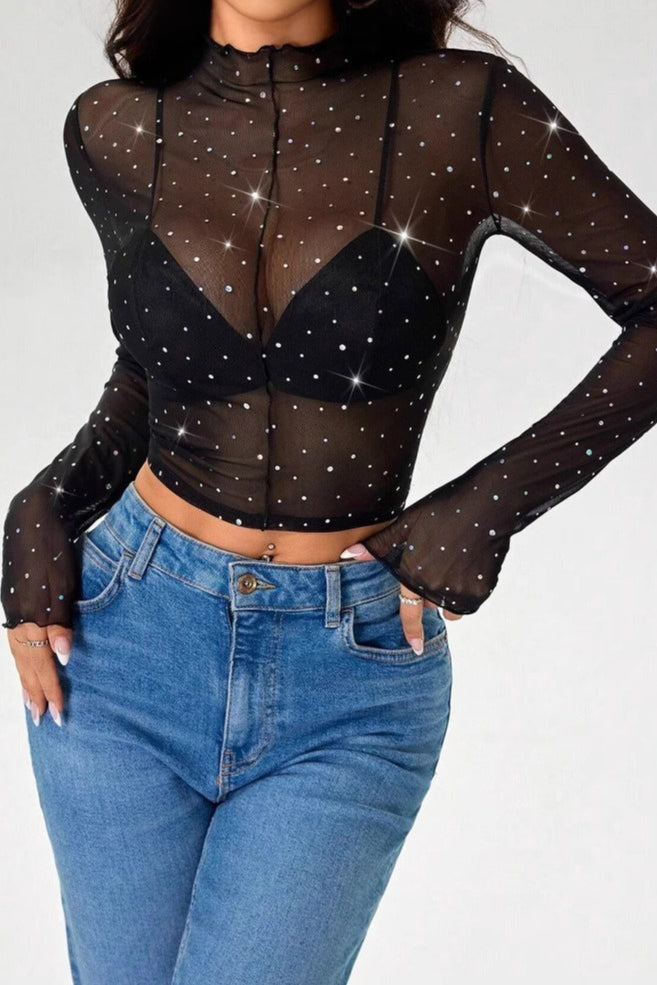 Long Sleeve Mesh Sequin Mandarin T-shirt Secondary image