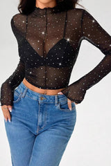 Long Sleeve Mesh Sequin Mandarin T-shirt