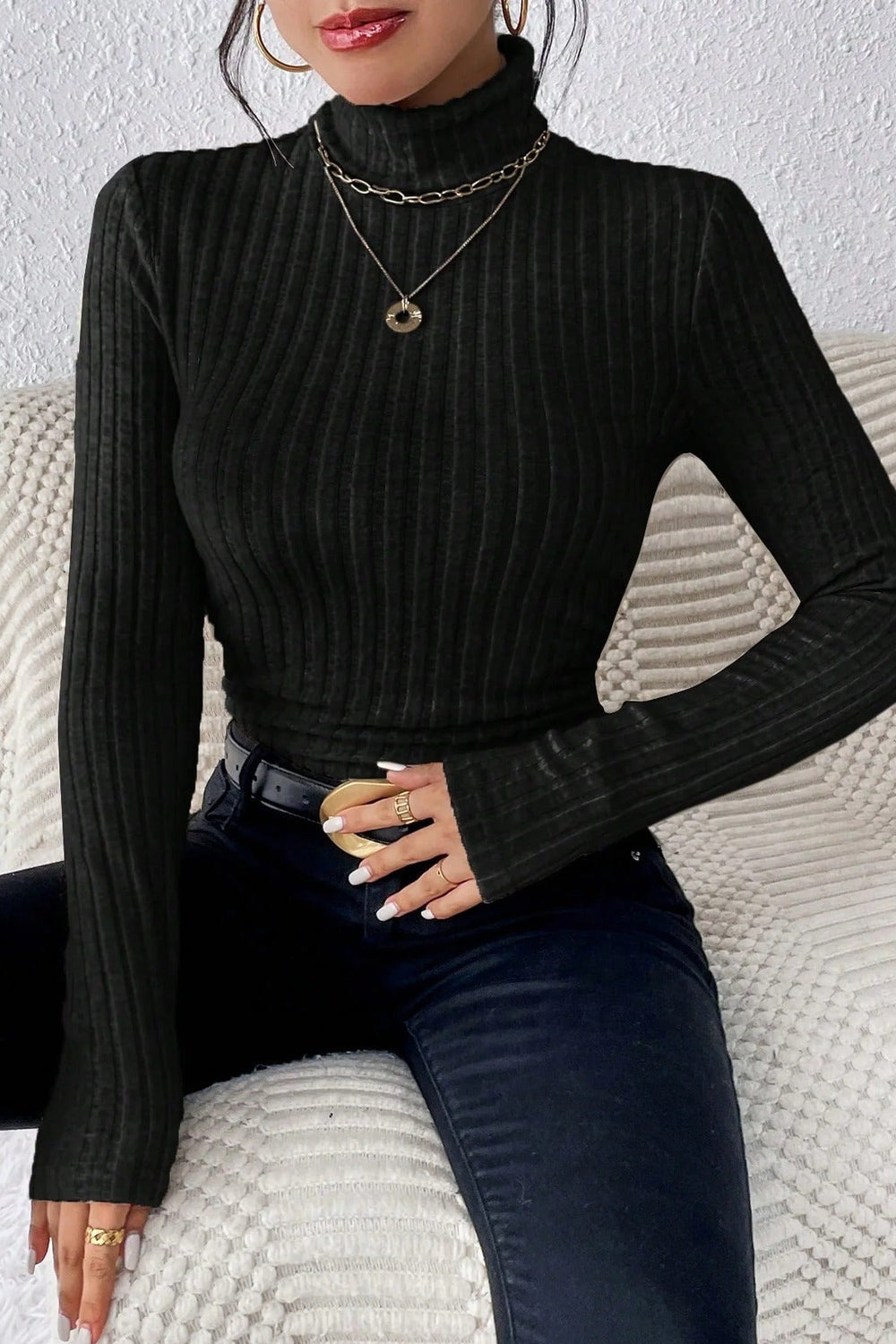 Fitted Long Sleeve Mock Neck Sweater Black / S