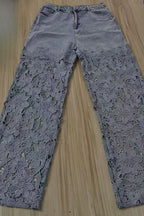High Waist Lace Cutout Long Wide Leg Jeans
