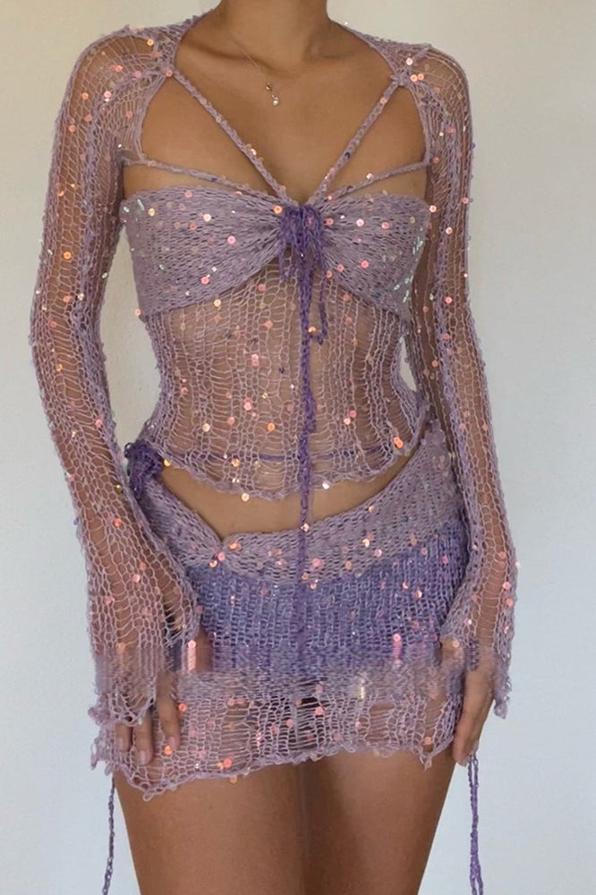 Sequin Knit Cutout Sweater Three Piece Skirt Set Secondary image