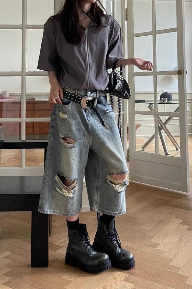 Loose Ripped Capri Wide Leg Jeans Blue / S Main image