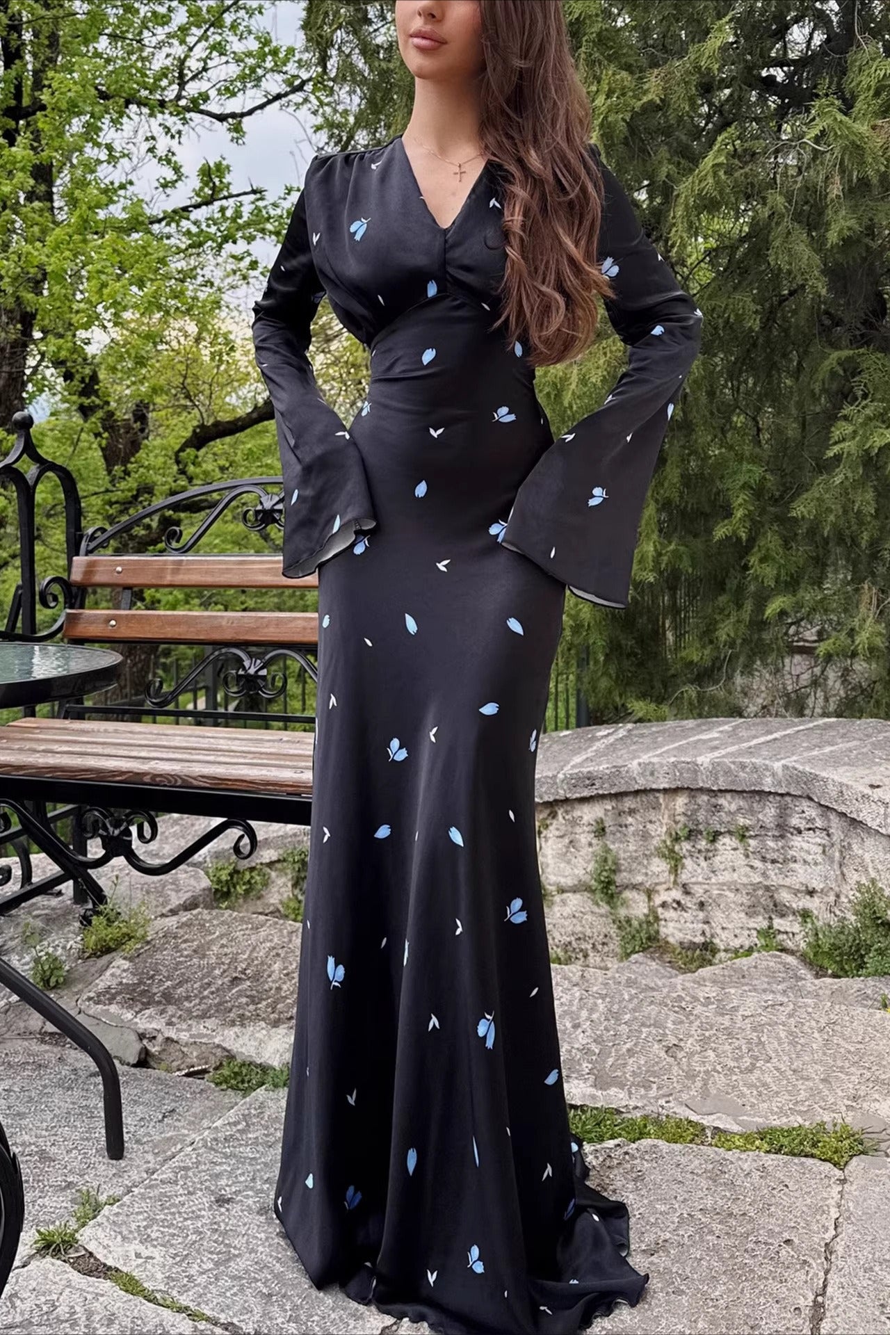 Elegant V Neck Flare Sleeve Maxi Floral Dress Main image