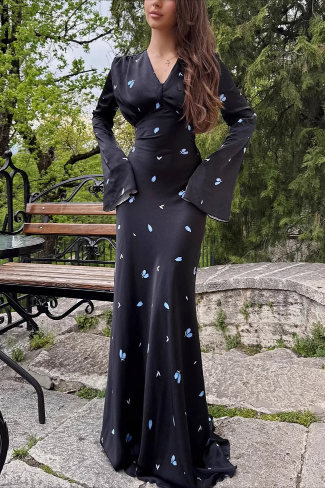 Elegant V Neck Flare Sleeve Maxi Floral Dress Main image