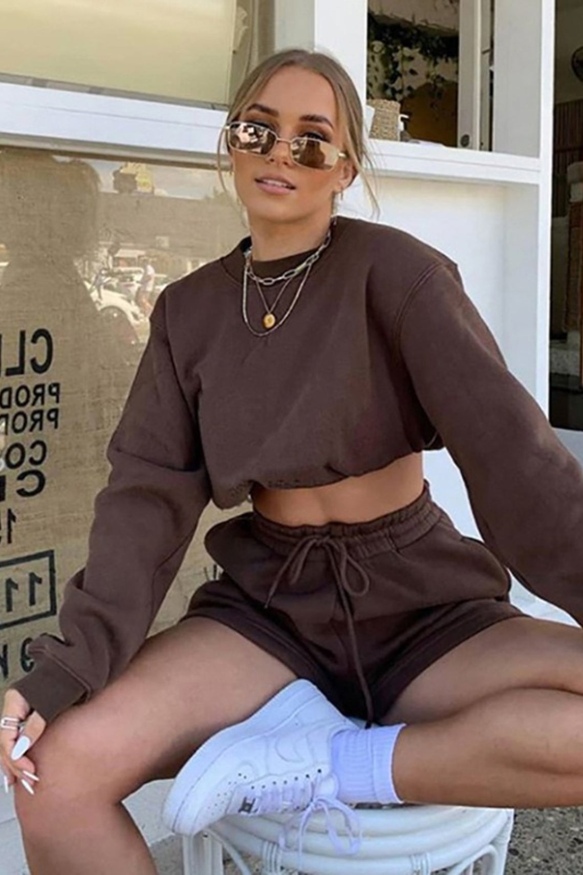 Solid Crew Neck Sweatshirt Shorts Set