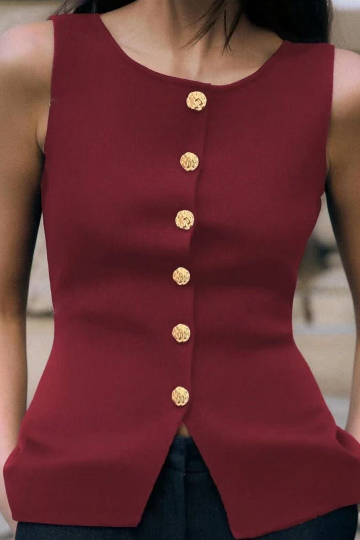 Round Neck Sleeveless Knit Button Front Tank Top Secondary image