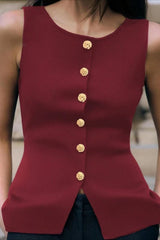 Round Neck Sleeveless Knit Button Front Tank Top