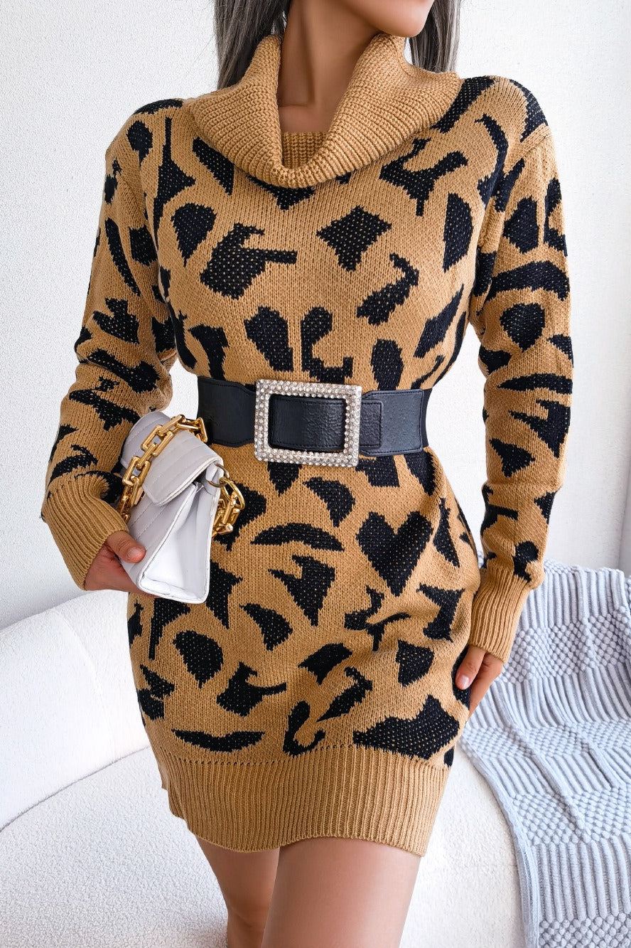 Leopard Turtleneck Sweater Dress