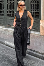 High Waist Striped V Neck Two Piece Vest Pants Set
