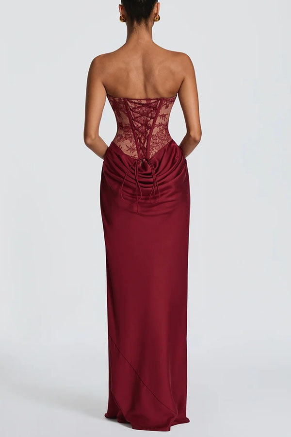 Lace Corset Draped Satin Formal Dress