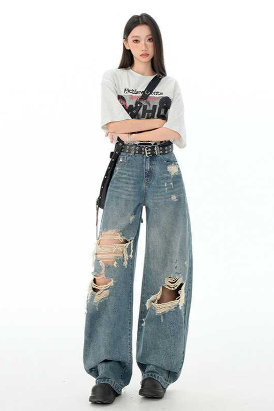Retro Distressed Long Straight Leg Jeans Secondary image