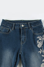 Rose Embroidered Low Rise Flare Leg Jeans