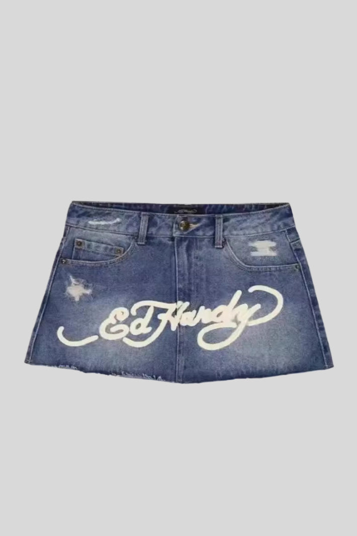 Painted Graphic High Rise Denim Mini Skirt