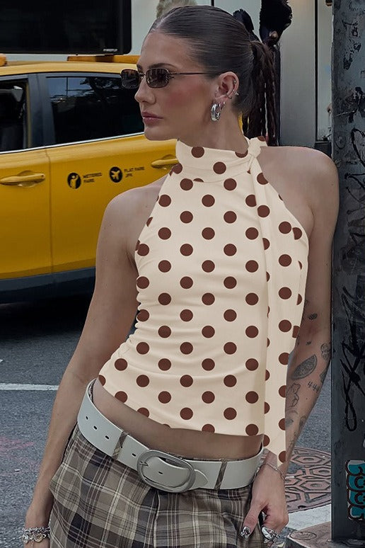 Apricot Polka Dot Tie Neck Sleeveless Halter Top Secondary image