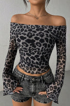 Leopard Print Off Shoulder Long Sleeve Tee