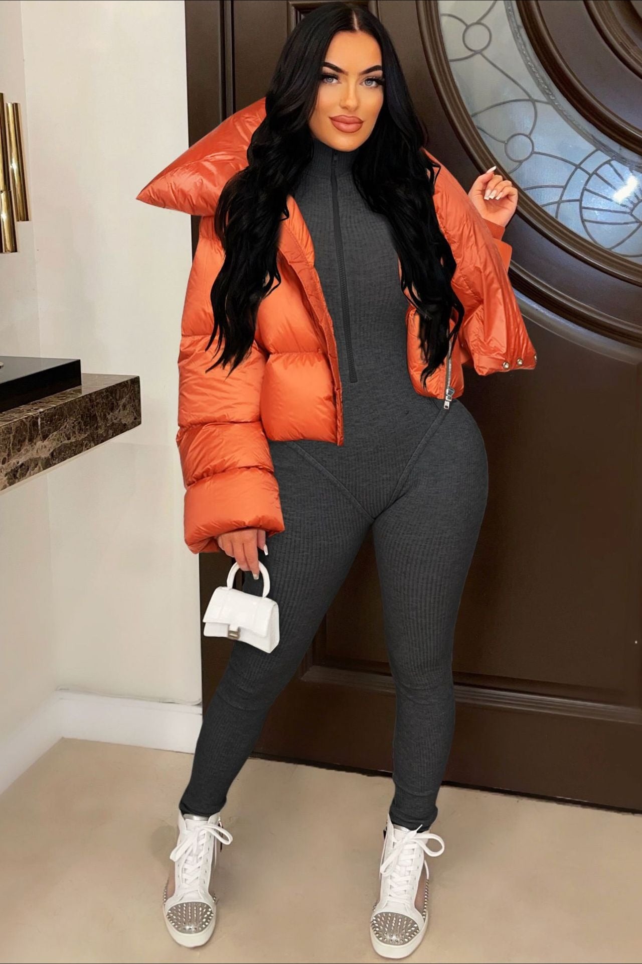 High Neck Scarf Collar Quilted Puffer Jacket Secondary image