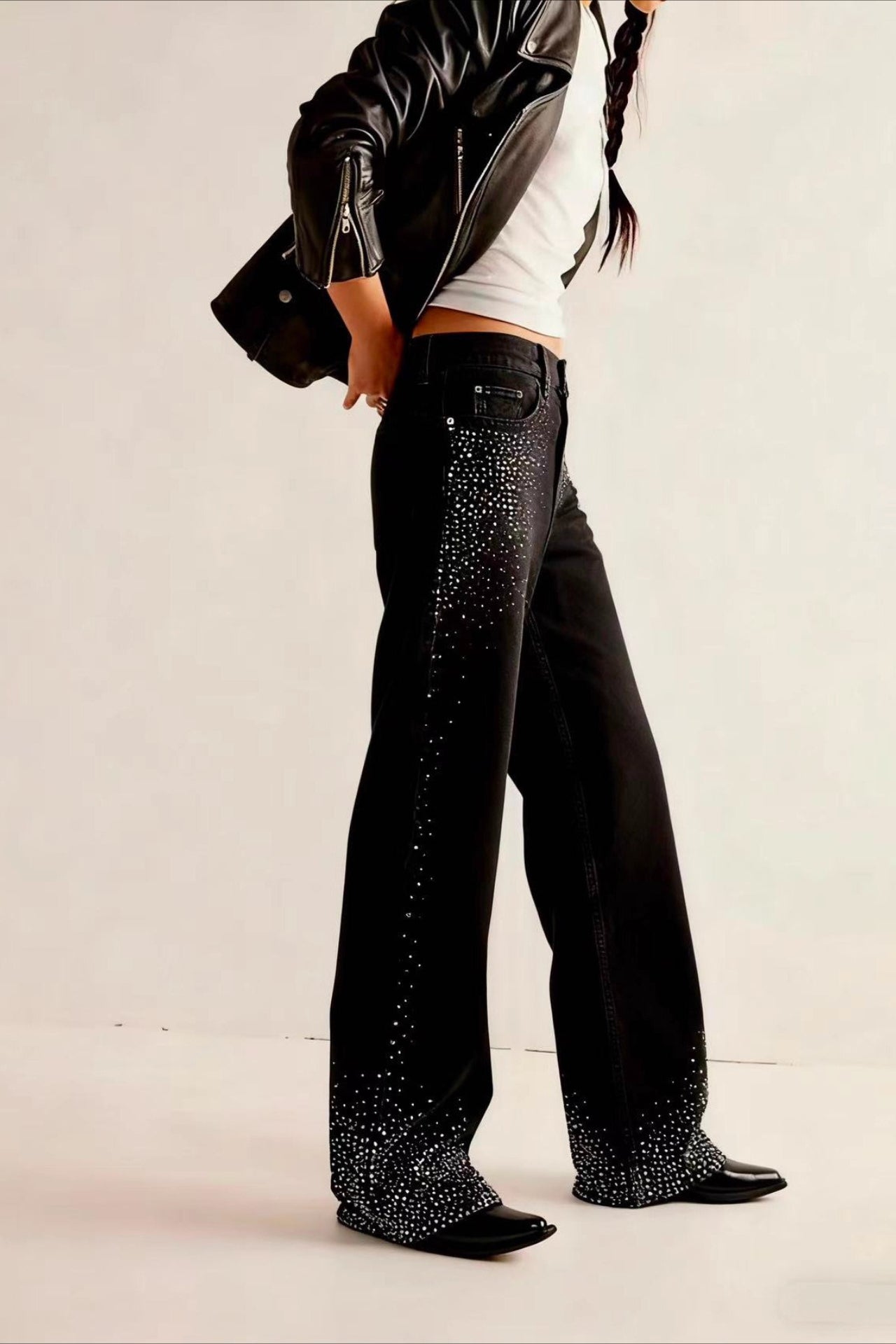 Black Denim Stretch Rhinestone Straight Pants Secondary image
