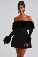 Faux Fur Collar Off Shoulder Bodycon Dress