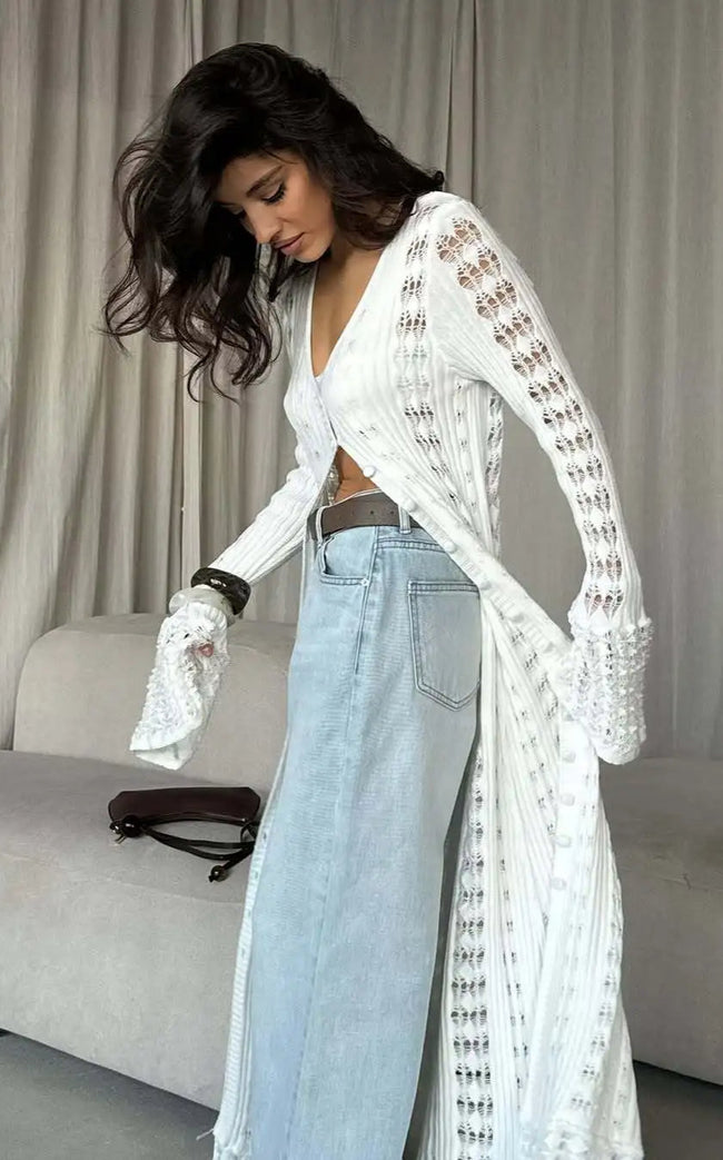 Knitted Flare Long Sleeve Beach Cardigan White / S Main image