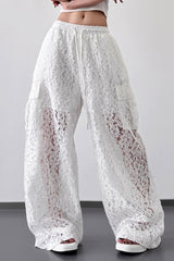 White Lace Cutout Casual Wide Leg Pants
