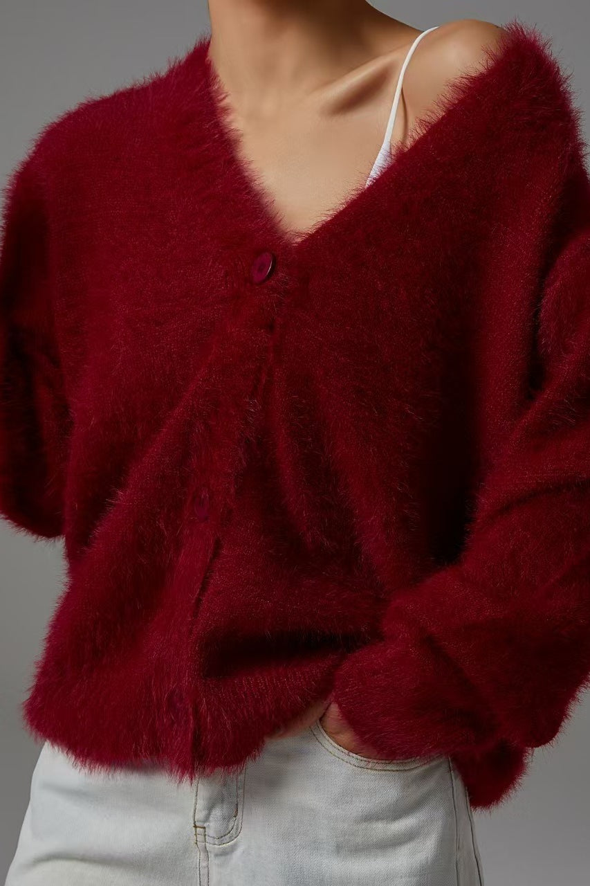 Faux Fur Blend V-Neck Cardigan