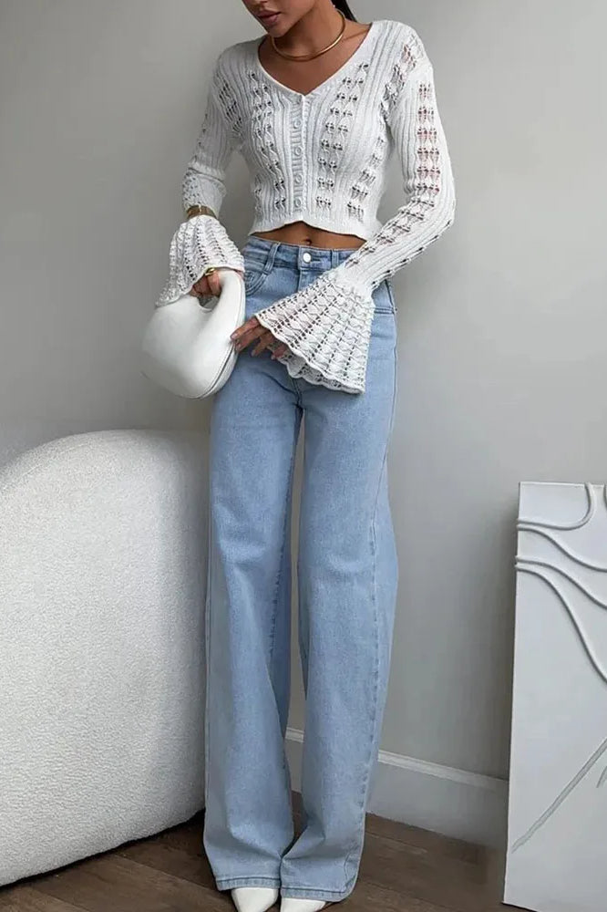 Hollow Out Knit V Neck Long Sleeve Cardigan