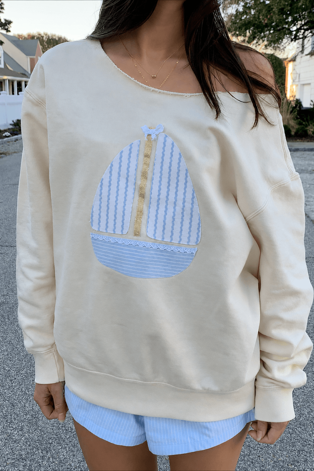Sailboat Patchwork Off Shoulder Sweatshirt