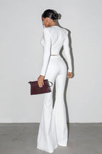 Solid Color Long Sleeve Crop Top Pants Set