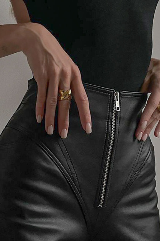 PU Leather Front Zipper Slim Fit Pants Main image