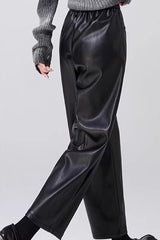 Slim PU Leather Elastic Waist Straight Pants