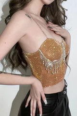 Rhinestone Trimmed Bardot Fringe Crop Top