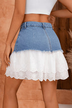 Denim Lace Trim Paneled Mini Skirt
