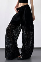 White Lace Cutout Casual Wide Leg Pants