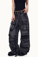 Distressed Washed Utility Multi Pocket Loose Jeans