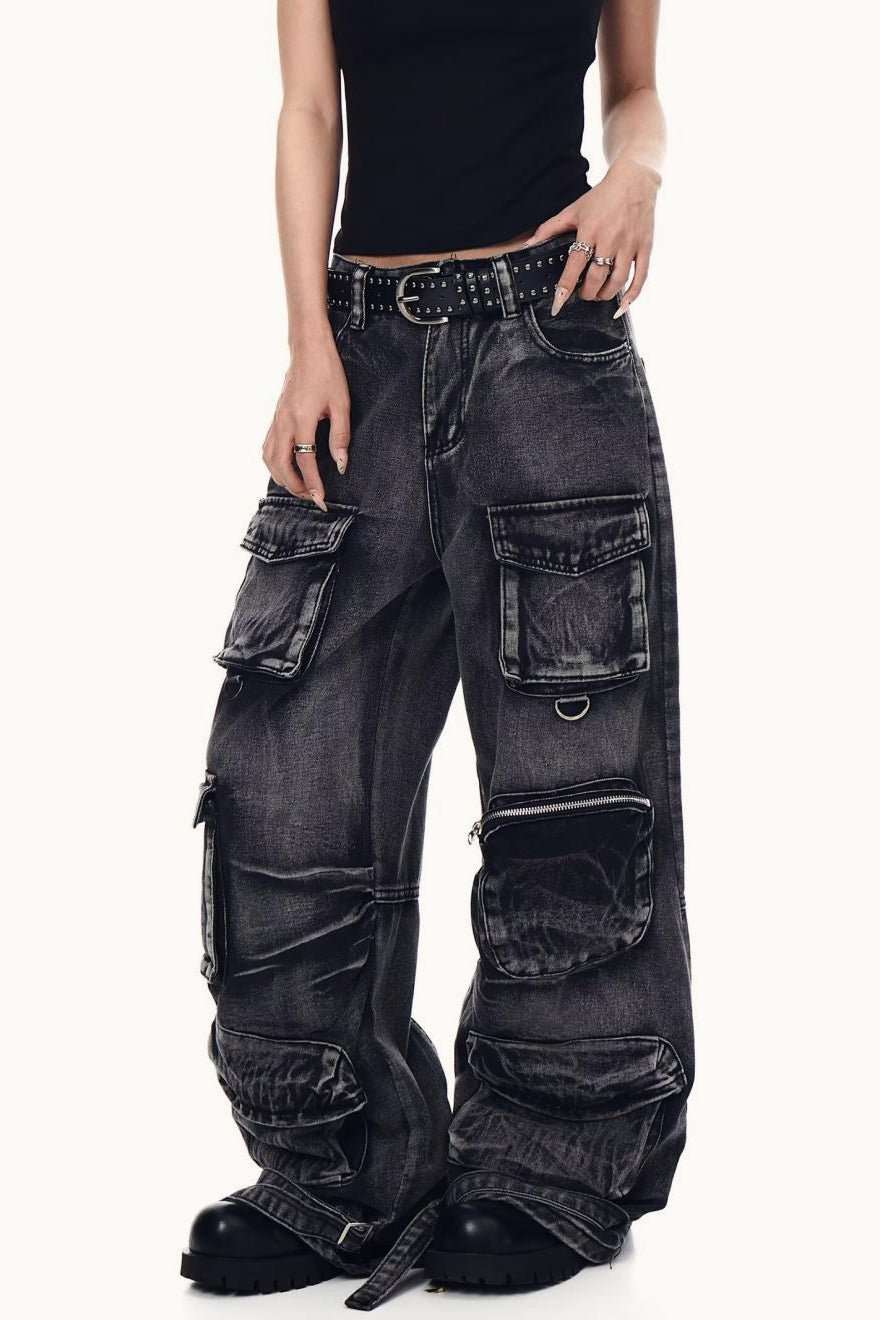 Distressed Washed Utility Multi Pocket Loose Jeans