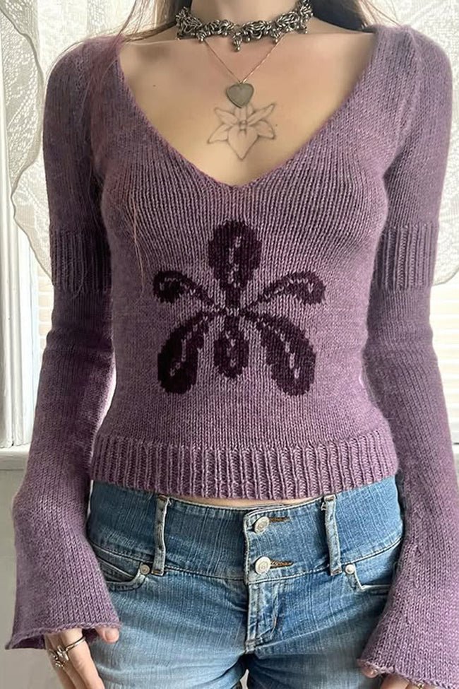 V Neck Floral Jacquard Sweater Purple / S Main image