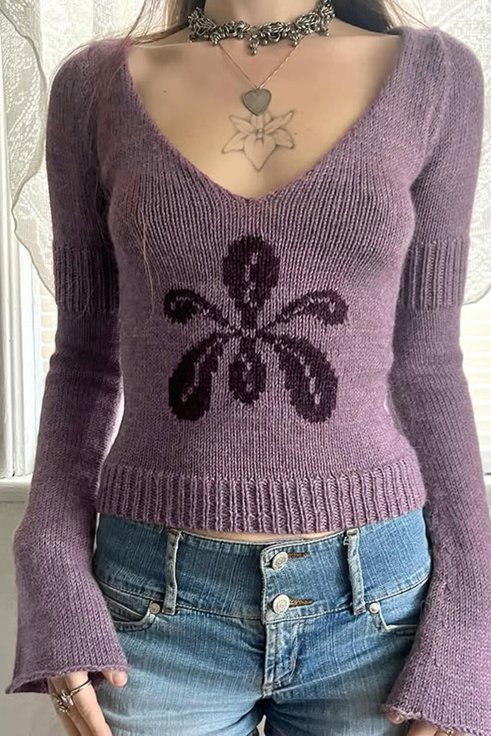 V Neck Floral Jacquard Sweater Purple / S Main image
