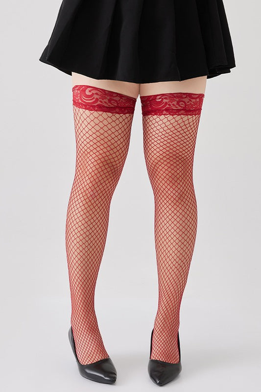 Lace Trim Silicone Grip Fishnet Thigh-High Stockings Main image