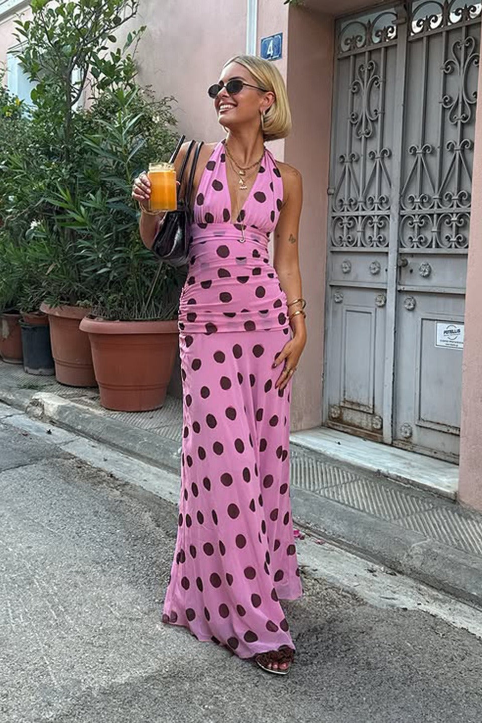Polka Dot Halter V-Neck Color Block Bodycon Maxi Dress Secondary image
