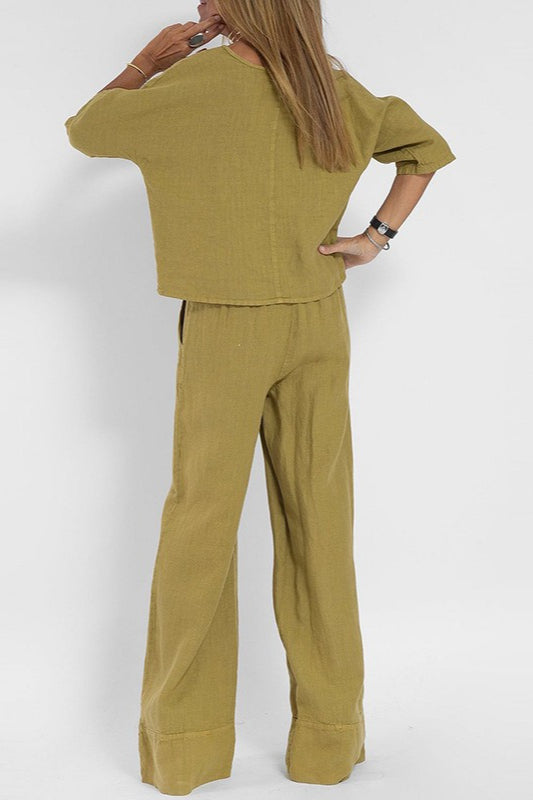 Plus Size Casual Solid Color Linen Pants Set