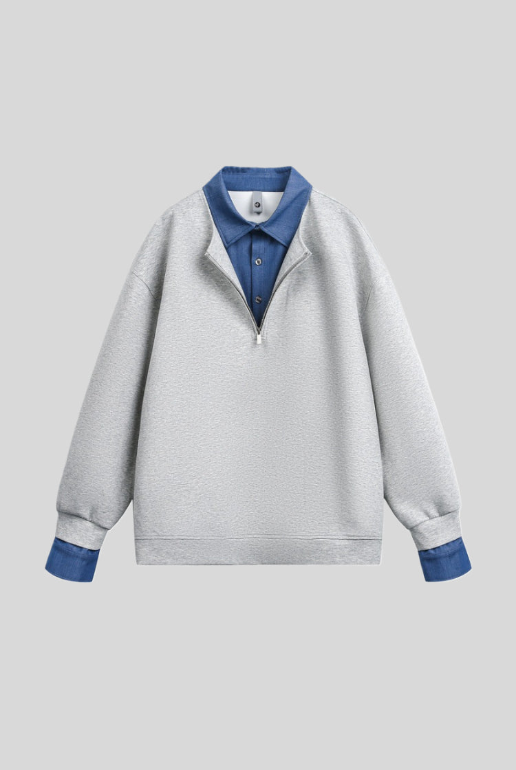 Layered Polo Collar Half Zip Oversized Sweatshirt