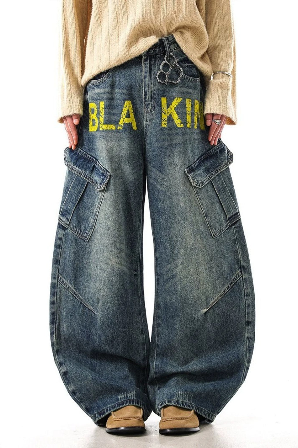 Yellow Typography Cargo Wide Leg Jeans