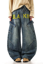Yellow Typography Cargo Wide Leg Jeans