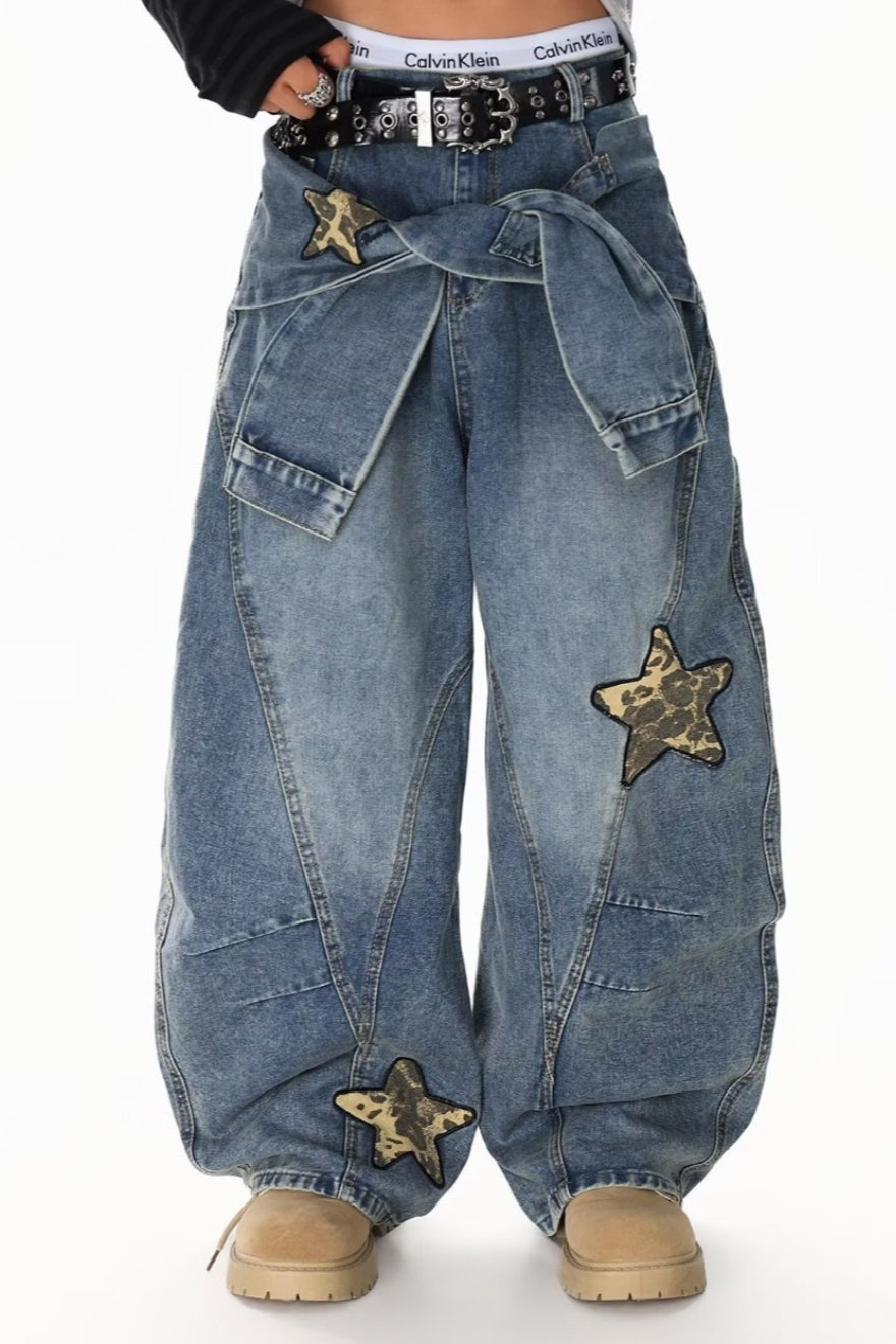 Leopard Print Patchwork Tie Loose Wide Leg Retro Jeans Main image