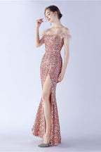 Velvet Sequin Ostrich Feather Off Shoulder Formal Dress S / Pink