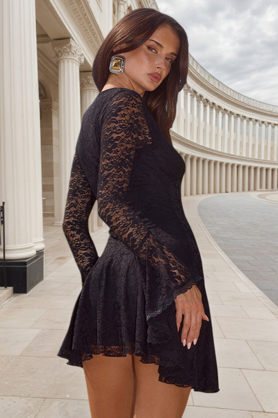 V Neck Long Sleeve Embroidered Lace Mini Dress Secondary image