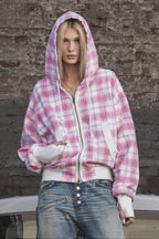 Pink Plaid Oversized Zip Up Street Hoodie