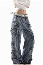 Deconstructed Buckle Cargo Wide Leg Jeans